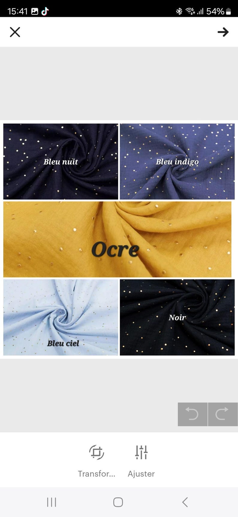 Peut inclure: Quatre &eacute;chantillons de tissu avec des points de paillettes dor&eacute;es. Les &eacute;chantillons sont de couleur bleu marine, bleu, jaune et bleu clair. Les &eacute;chantillons sont &eacute;tiquet&eacute;s "Bleu nuit", "Bleu indigo", "Ocre", "Bleu ciel" et "Noir".