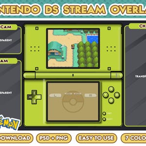 Könnte beinhalten: Ein grünes Nintendo DS Stream Overlay mit einem Pokemon-Spielebildschirm, einer Webcam, einem Teambereich und einem Chatbereich. Das Overlay ist für das Streamen von Gameplay konzipiert.