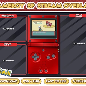 May include: A red Game Boy SP stream overlay with transparent webcam, team, and chat sections. The Game Boy SP is displaying a Pokemon game with a red and green character on the screen. The overlay includes the text "GAMEBOY SP STREAM OVERLAY", "WEBCAM", "TEAM", "CHAT", "TRANSPARENT", and "PokeMoN".