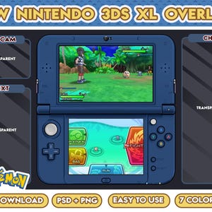May include: A blue Nintendo 3DS XL overlay with the text "NEW NINTENDO 3DS XL OVERLAY". The overlay includes sections for a webcam, text, and chat, along with the Pokémon logo and game interface. Additional text includes "INSTANT DOWNLOAD", "PSD + PNG", "EASY TO USE", and "7 COLORS".