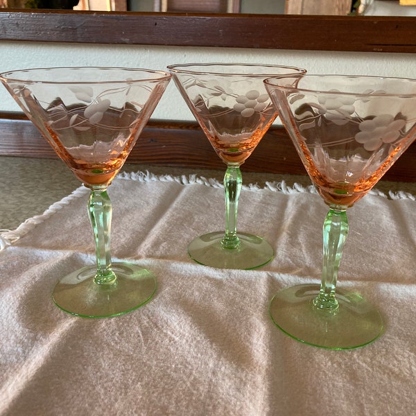 3 Depression Ware Vintage Champagne Glasses, 1 Dessert dish, and 1 short Champagne  glass in Watermelon Pink with green stems and bases