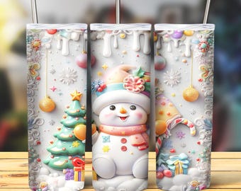 Paquete de Navidad 3D Envoltura de vaso, Paquete de sublimación delgada de 20 oz Vaso Png, Paquete de diseño de vaso 3D de Navidad Muñeco de nieve Descarga digital