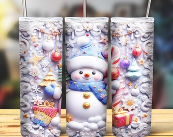Paquete de Navidad 3D Envoltura de vaso, Paquete de sublimación delgada de 20 oz Vaso Png, Paquete de diseño de vaso 3D de Navidad Muñeco de nieve Descarga digital