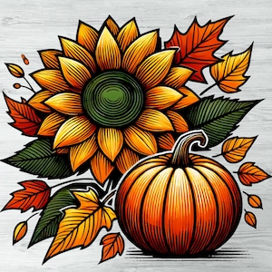 Autumn Pumpkin with Sunflower Clipart Set, Fall Clipart, Autumn harvest, Fall Season, Sunflower PNG, Thanksgiving, Pumpkin sublimation