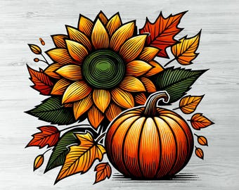 Conjunto de imágenes prediseñadas de calabaza de otoño con girasol, imágenes prediseñadas de otoño, cosecha de otoño, temporada de otoño, girasol PNG, acción de gracias, sublimación de calabaza