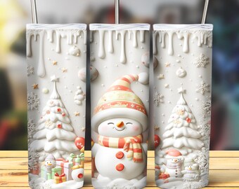 Paquete de Navidad 3D Envoltura de vaso, Paquete de sublimación delgada de 20 oz Vaso Png, Paquete de diseño de vaso 3D de Navidad Muñeco de nieve Descarga digital