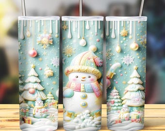 Paquete de Navidad 3D Envoltura de vaso, Paquete de sublimación delgada de 20 oz Vaso Png, Paquete de diseño de vaso 3D de Navidad Muñeco de nieve Descarga digital