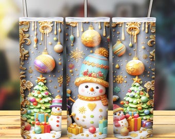 Paquete de Navidad 3D Envoltura de vaso, Paquete de sublimación delgada de 20 oz Vaso Png, Paquete de diseño de vaso 3D de Navidad Muñeco de nieve Descarga digital