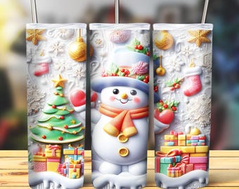 Paquete de Navidad 3D Envoltura de vaso, Paquete de sublimación delgada de 20 oz Vaso Png, Paquete de diseño de vaso 3D de Navidad Muñeco de nieve Descarga digital