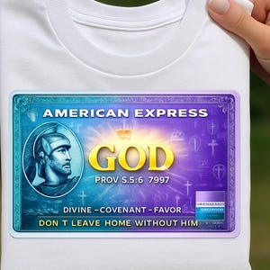 May include: White t-shirt featuring a graphic resembling an American Express card. The design includes the words "AMERICAN EXPRESS" and "GOD" in gold, along with the text "PROV S.5:6 7997". Additional text reads "DIVINE - COVENANT - FAVOR" and "DON'T LEAVE HOME WITHOUT HIM".