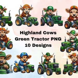 緑のトラクターに乗るハイランド牛 PNG、ハイランド牛 PNG、ハイランド牛のデザイン、田舎の農業用トラクター牛、ハイランド牛昇華 PNG