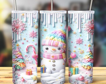 Paquete de Navidad 3D Envoltura de vaso, Paquete de sublimación delgada de 20 oz Vaso Png, Paquete de diseño de vaso 3D de Navidad Muñeco de nieve Descarga digital
