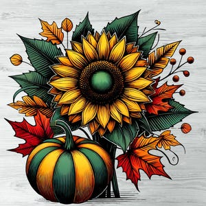 Autumn Pumpkin with Sunflower Clipart Set, Fall Clipart, Autumn harvest, Fall Season, Sunflower PNG, Thanksgiving, Pumpkin sublimation