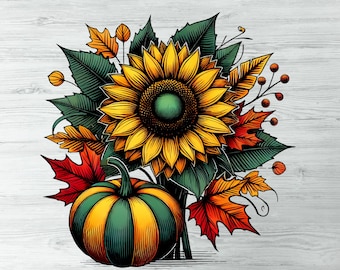 Conjunto de imágenes prediseñadas de calabaza de otoño con girasol, imágenes prediseñadas de otoño, cosecha de otoño, temporada de otoño, girasol PNG, acción de gracias, sublimación de calabaza