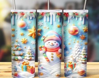 Paquete de Navidad 3D Envoltura de vaso, Paquete de sublimación delgada de 20 oz Vaso Png, Paquete de diseño de vaso 3D de Navidad Muñeco de nieve Descarga digital