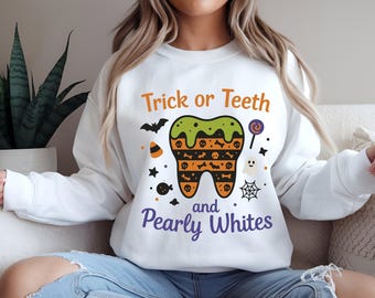 Trick or Teeth and Pearly Whites PNG | Funny Halloween Tooth Design | Dental Hygienist Halloween Shirt PNG | Digital Download