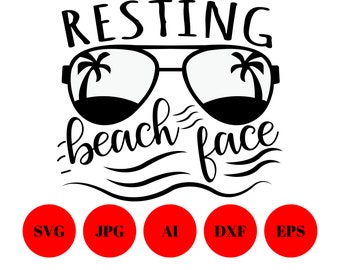 Może przedstawiać: Czarno-biały projekt graficzny z tekstem "Resting Beach Face" i okularami przeciwsłonecznymi, w których odbijają się palmy. Projekt otoczony jest falistymi liniami.