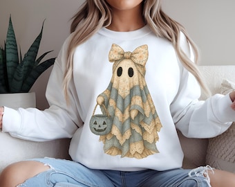 Patchwork Spooky Ghost Png, Cute Boo Ghost Coquette Sublimation Design, Retro Halloween Denim Spooky Ghost Digital Download Cottagecore Boho