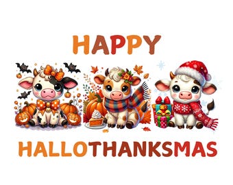 Happy HallowThanksMas Highland Cow Sublimation Png, Highland Cow PNG, Highland Cow Design, Festive Cow Png, Highland Cow Sublimation PNG