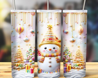 Paquete de Navidad 3D Envoltura de vaso, Paquete de sublimación delgada de 20 oz Vaso Png, Paquete de diseño de vaso 3D de Navidad Muñeco de nieve Descarga digital