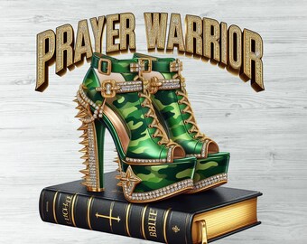 May include: A pair of green camouflage high-heeled shoes with gold accents and rhinestones. The shoes are on top of a closed book with a gold spine and the word "BIBLE" printed on the cover.