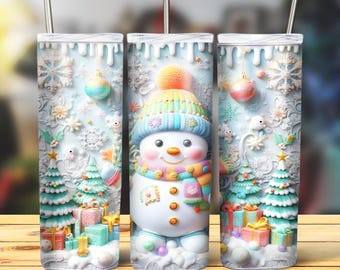 Paquete de Navidad 3D Envoltura de vaso, Paquete de sublimación delgada de 20 oz Vaso Png, Paquete de diseño de vaso 3D de Navidad Muñeco de nieve Descarga digital