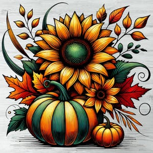 Autumn Pumpkin with Sunflower Clipart Set, Fall Clipart, Autumn harvest, Fall Season, Sunflower PNG, Thanksgiving, Pumpkin sublimation