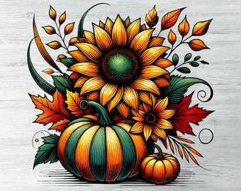 Conjunto de imágenes prediseñadas de calabaza de otoño con girasol, imágenes prediseñadas de otoño, cosecha de otoño, temporada de otoño, girasol PNG, acción de gracias, sublimación de calabaza
