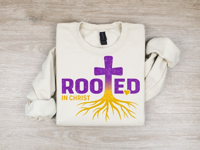 Rooted in Christ PNG | Purple Gold Christian Design | Faith Cross Roots ...