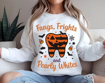 Halloween Tooth PNG SVG | Fangs Frights and Pearly Whites | Cute Dental Halloween Clipart | Dentist Hygienist Shirt Design