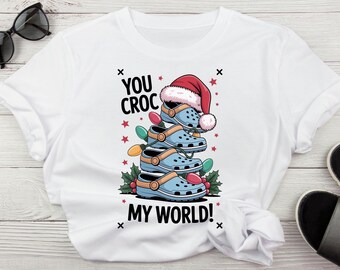 You Croc My World Christmas PNG, Design maglietta albero Crocs, Sublimazione divertente per gli amanti dei coccodrilli, Luci del cappello di Babbo Natale, Clipart natalizio carino da scaricare