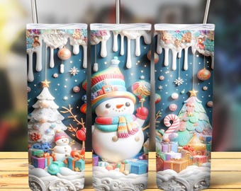 Paquete de Navidad 3D Envoltura de vaso, Paquete de sublimación delgada de 20 oz Vaso Png, Paquete de diseño de vaso 3D de Navidad Muñeco de nieve Descarga digital