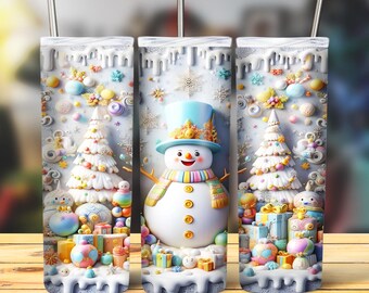 Paquete de Navidad 3D Envoltura de vaso, Paquete de sublimación delgada de 20 oz Vaso Png, Paquete de diseño de vaso 3D de Navidad Muñeco de nieve Descarga digital