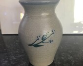 Vintage Rowe Pottery Works, Cambridge WIS 1998, 6 quot crock vase, utensil holder, canister, hunter green leaves on branch, cobalt blue berries