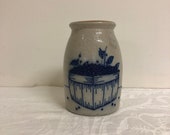 Salmon Falls Stoneware 1994, Dover, N.H. crock, utensil holder, vase with Pint of Blueberries in Cobalt Blue, 6 1 2 quot tall x 5 quot wide, pretty