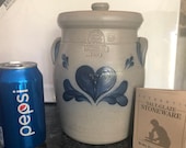 Handmade Rowe Pottery Works, Cambridge WIS 1994, lidded crock, canister, Cookie Jar, 8 1 2 quot tall x 6 quot wide, Cobolt Blue Heart and leaves