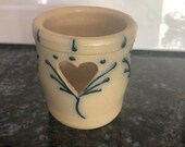Maple City Pottery salt glazed stoneware Candle Votive Holder, hand made 1998, 3 1 4 quot tall x 3 quot wide, 3 Carved out Hearts, pretty