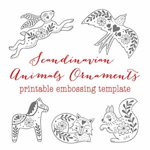 Skandynawskie ozdoby świąteczne – szablony do wytłaczania do druku | Wzory z kalki i folii | Zwierzęta w stylu nordyckiej sztuki ludowej | Dekoracje świąteczne DIY