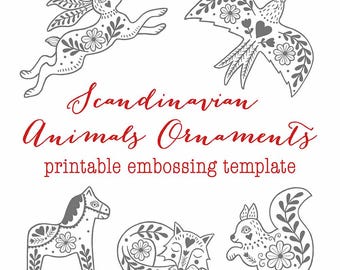 Scandinavian Christmas Ornaments - Printable Embossing Templates | Trace & Foil Designs | Nordic Folk Art Animals | DIY Holiday Decor