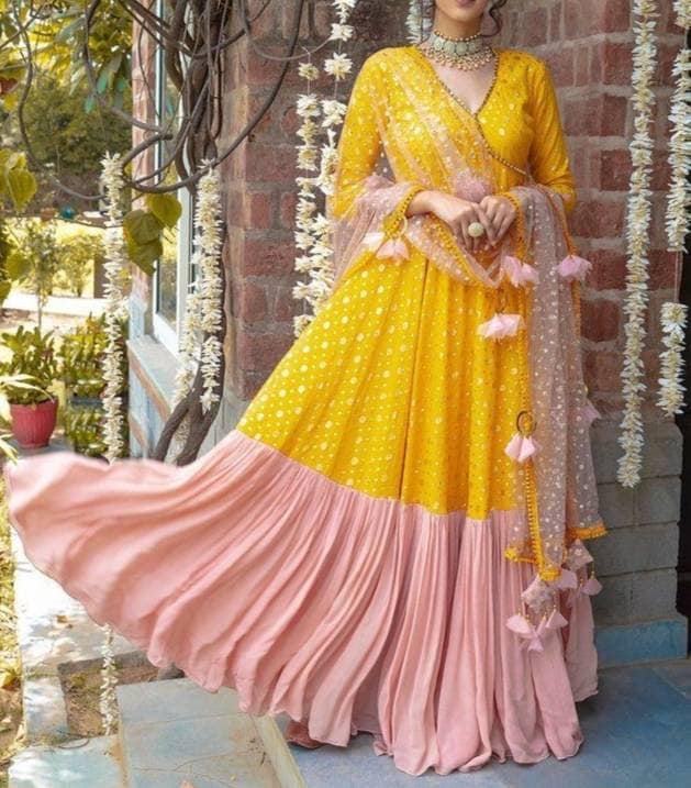 yellow and pink gown