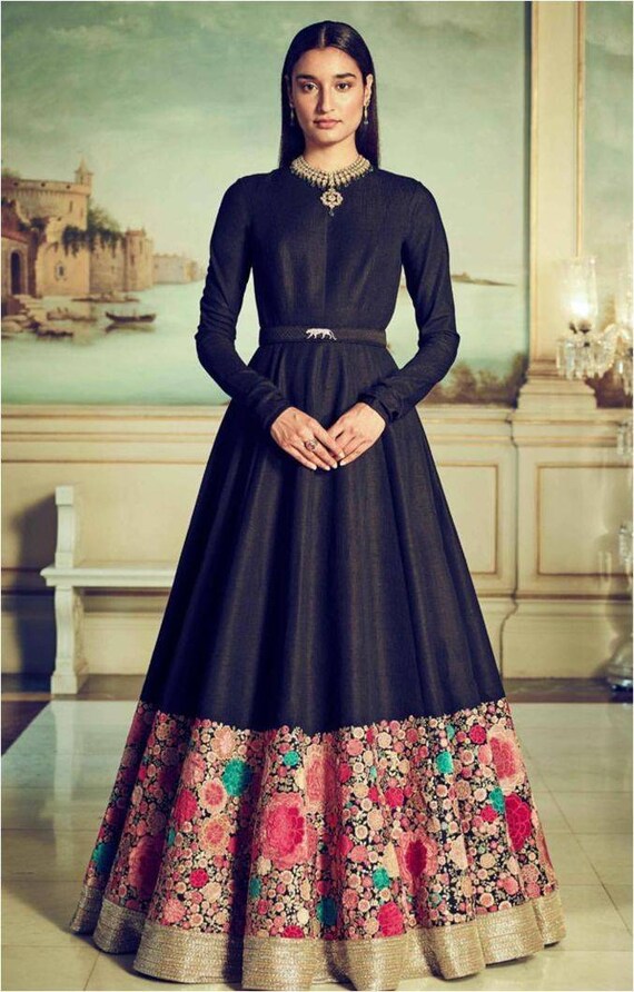 Black Indo Western Gown With Floral 