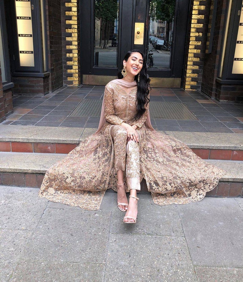 Rose gold Beige Net Floor Lenght Gown With Satin Pants wedding lehenga gown cocktail reception sangeet ceremony Lehenga engagement cocktail