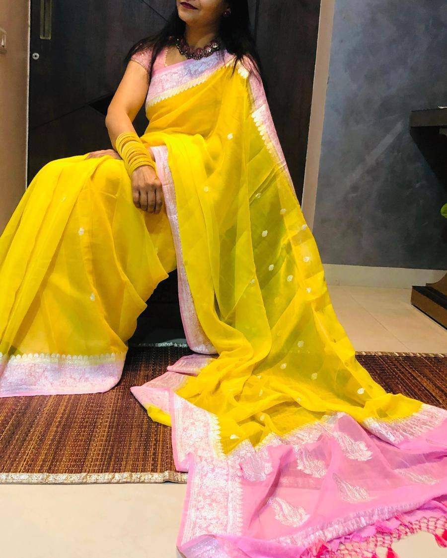 Handllom Banarasi Pure Chiffon Khaddi Chiffon Sarees With | Etsy