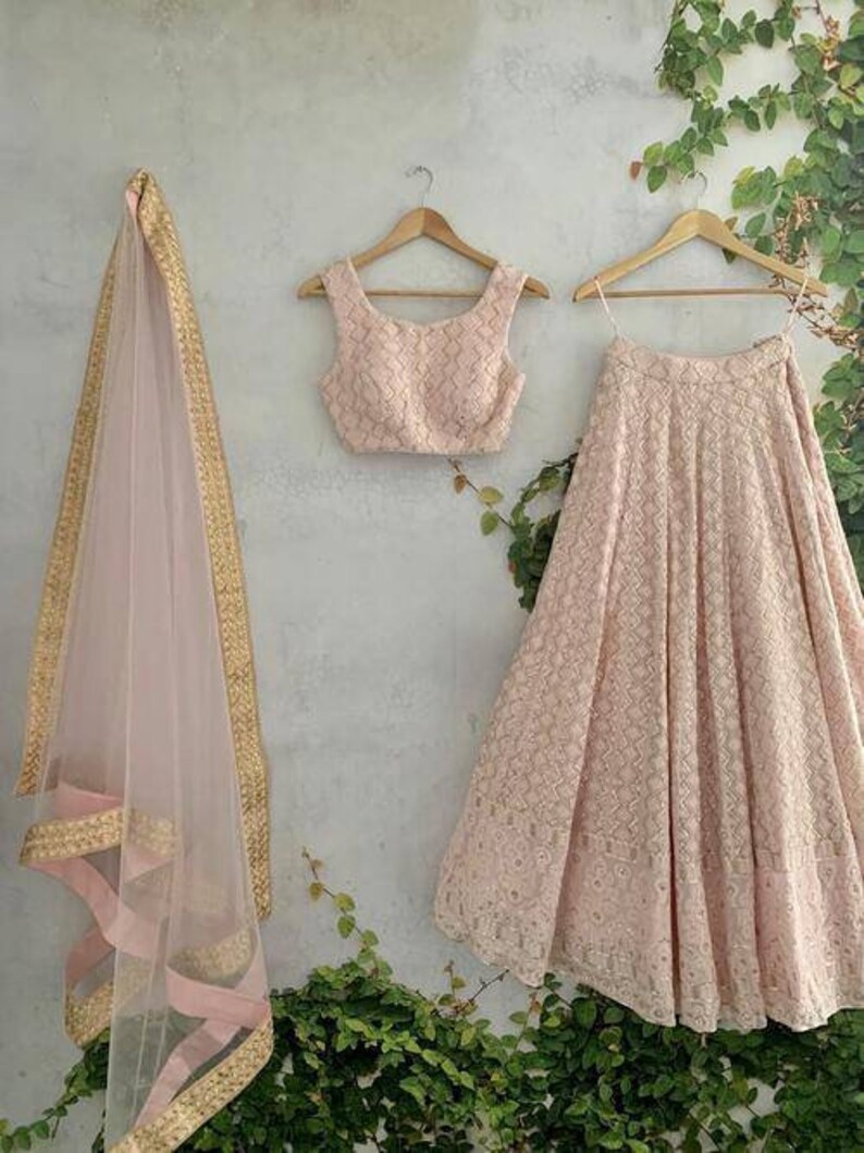 Lehenga Choli Indiano In Rete Con Dupatta - Rosa Chiaro, Semisartoriale, Abito Da Festa