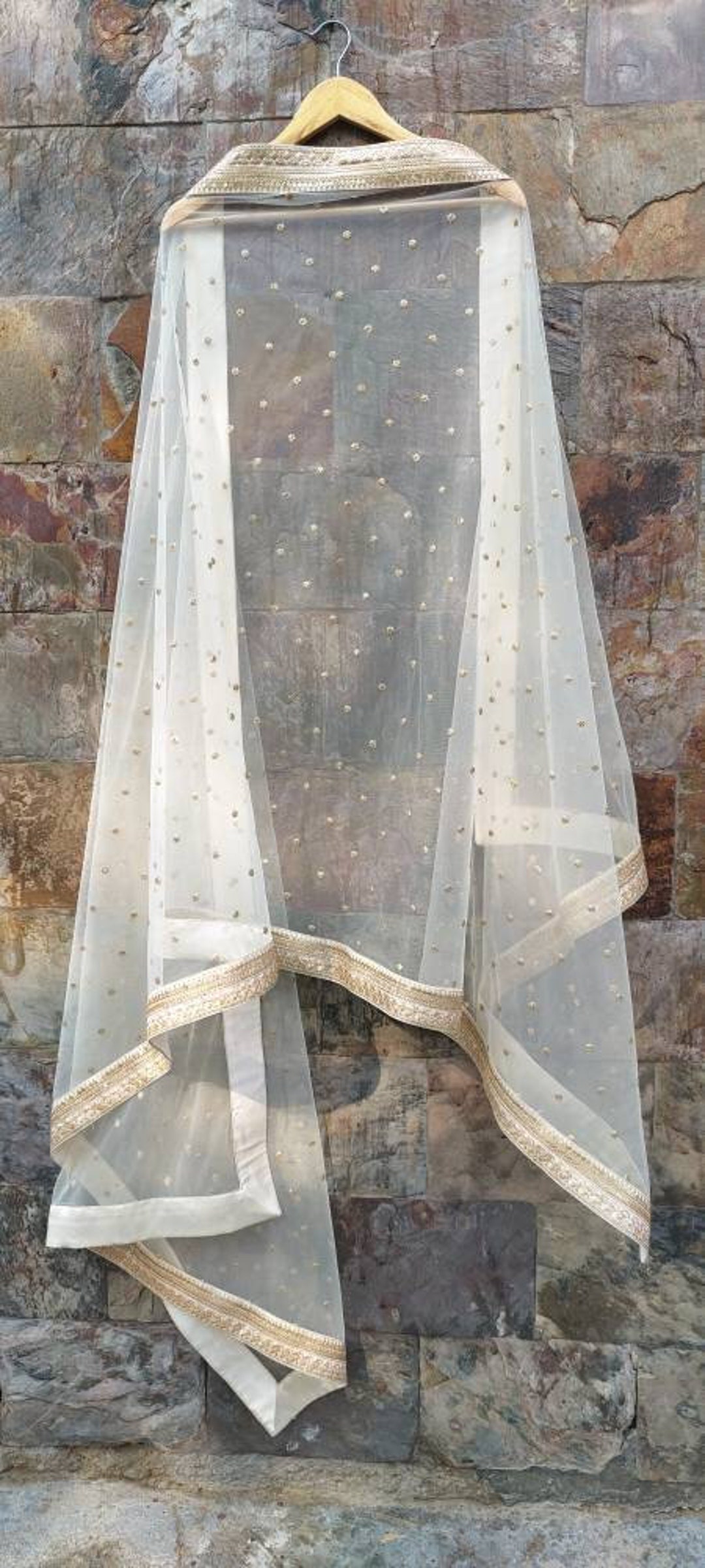 Ivory Golden Dupatta for Brides Indian Wedding Bridal Veil Indian Dress