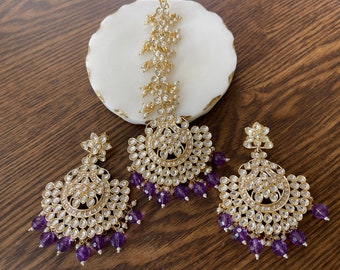 Indian Pakistani Bollywood Maang Tikka Set With Earrings Wedding Jhumkas and tikka /Bridal Jewelry  bridal necklace set with tikka /