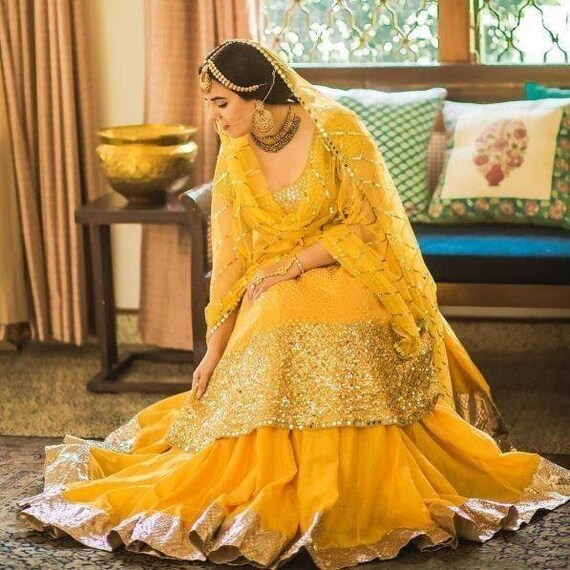 Buy Yellow Gotta Work Haldi Ceremony Lehenga Dress Ceremony Online in India  - Etsy