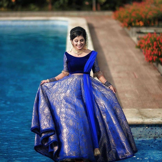 Royal Blue Silk Brocade Lehenga Set Indian Wedding Outfits Etsy