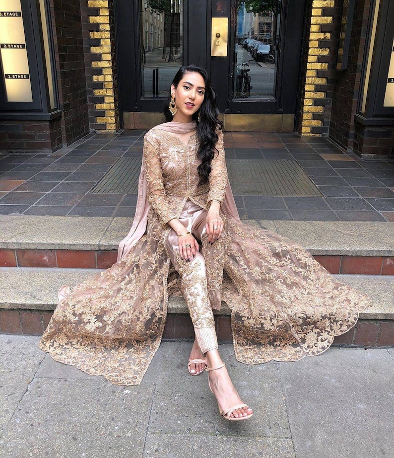 Rose gold Beige Net Floor Lenght Gown With Satin Pants wedding lehenga gown cocktail reception sangeet ceremony Lehenga engagement cocktail