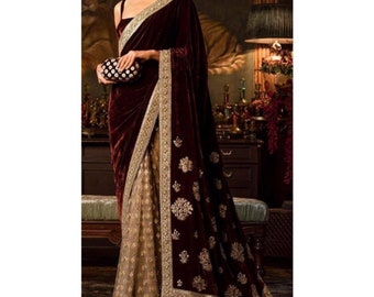 Maroon velvet designer saree Indian sari, half and half wine velvet sari, hand embroidered antique gold border saree, zardozi embroidery